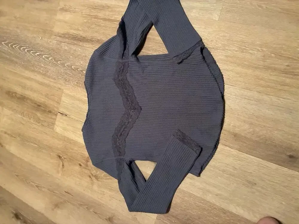 Free People Flint Stone Waffle Knit Lace Trim Button-Front Top